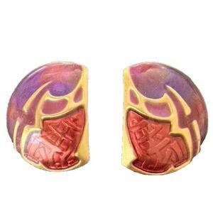 Vintage Edgar Berebi Purple red Enamel Gold tone Metal Earrings - pierced